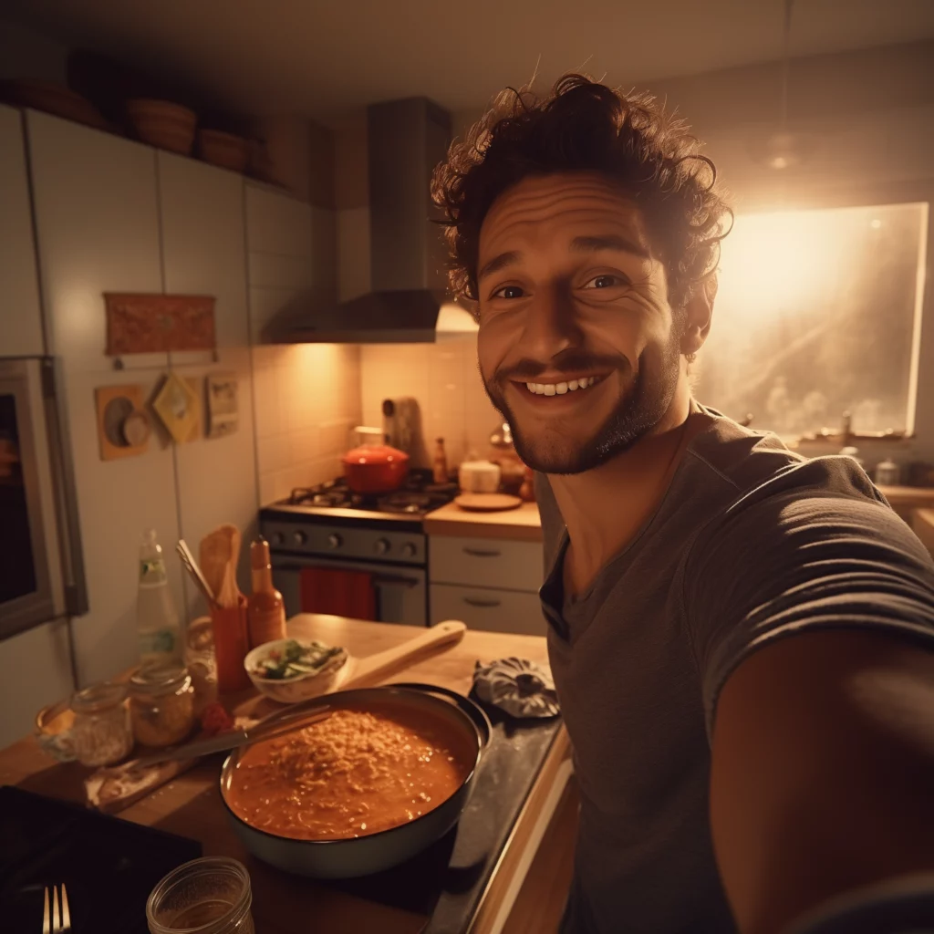 un homme filme une vidéo pov pendant qu'il cuisine.