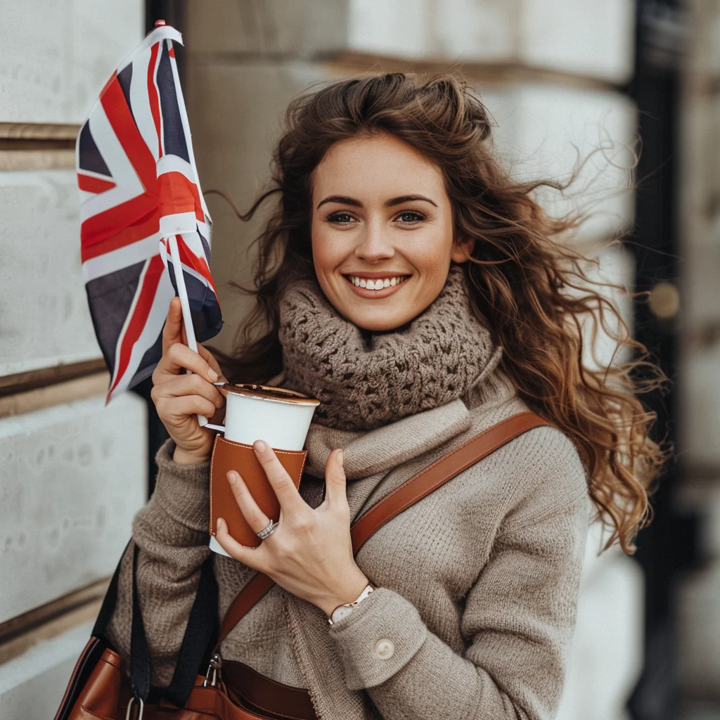 Une femme se promenant dans la ville de Londres avec son petit drapeau à a main.